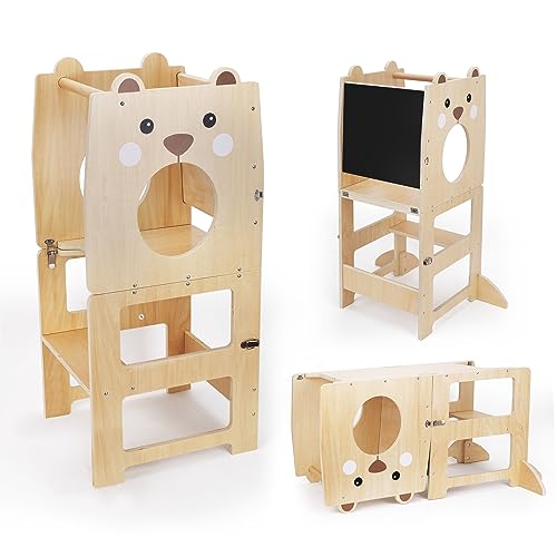 Image of 3-in-1 Toddler Learning Stool, Step Stool for Toddlers Tower for Little Kids in Kitchen with Anti-Slip Protection, Chalkboard Message Boards, Supports Up to 150 lb