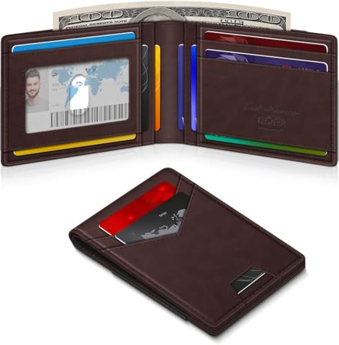 Image of Contacts Slim Leather Bifold for Men | RFID Blocking Card Holder with ID Window | Holds 13-17 Cards, Large Cash Slot | Thin Minimalist Front Pocket Design | Gift for Men (Brown)