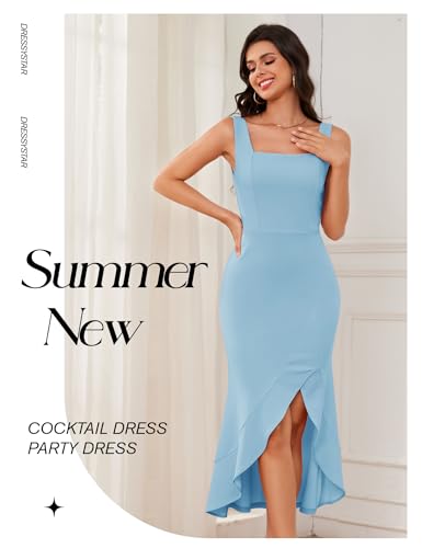 Image of Dressystar 2026 Women's Square Neck Bodycon Sleeveless Cocktail Dresses | wedding guest dresses for women, midi length, formal party dress, soft breathable stretchy material, slit ruffle hem design