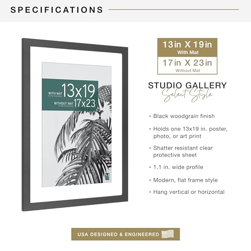 MCS Studio Gallery 17x23 Matted Poster Frame with 13x19 Picture Display, Black Woodgrain Vertical & Horizontal Wall Hanging Large Picture Frame for Photos, Posters & Art Prints (1-Pack)