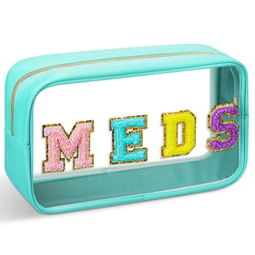 Geetery Chenille Letter Bag Nylon Portable Makeup Cases Preppy Patch with Zipper Cosmetic Toiletry Storage Bag for Women(Green,Cute MEDS)