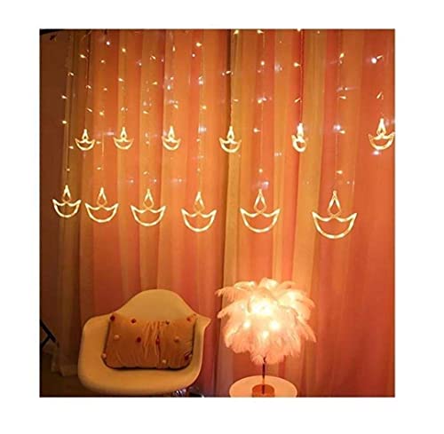 Image of URM Enterprises Warm White Diya /Diwali Light Curtain, Led String Lights with Pack of 12 Hanging Diyas, 8 Flashing Modes, Decoration