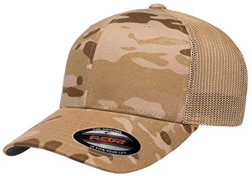 Image of Flexfit Trucker Mesh Fitted Cap, Multicam Arid Tan, OS | 6-Panel, Mid-Profile, Stretchable Mesh Backing, Flexfit Sweatband, Curved Visor, Silver Undervisor