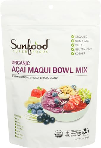 Sunfood Superfoods Organic Acai Maqui Bowl Mix - Organic Acai Powder and Maqui Powder Berry Extract for Smoothie Bowls, Antioxidants & Vitamin C - 6 Oz Bag