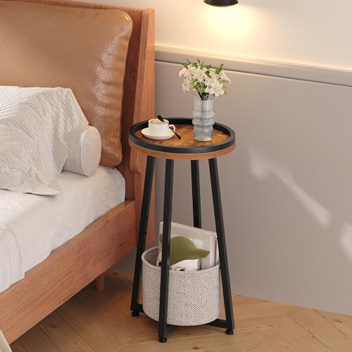 Image of HOOBRO Small Round Side Table, 2-Tier Round Sofa End Table, Compact Nightstand with Cotton Linen Storage Basket, for Small Space, Living Room, Bedroom, Dorm, Rustic Brown BF183BZ01