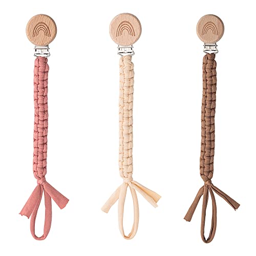 Image of Symbolife Pacifier Clip for Boys Girls Pacifier Holder Leash Boho Rainbow Wooden Clips Handmade Braided Cotton Unisex Baby Shower Birthday Gift Christmas Gift