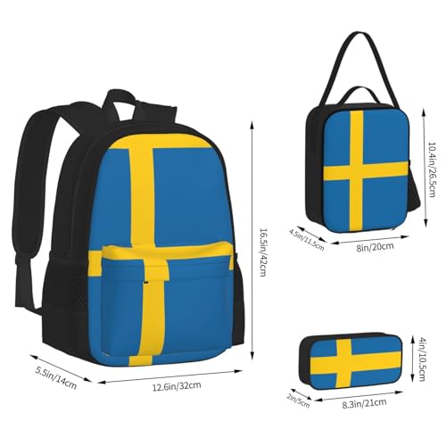 WURTON Swedish Flag Print Shoulder Backpack 3 In 1 Bookbag Set Lunch Box Pencil Case Travel Laptop Daypacks4