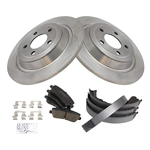 Image of TRQ Rear Brake Pad and Rotor Set Ceramic Parking Shoe Compatible with 2015-2020 Ford Mustang