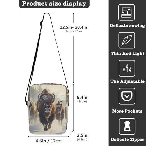 Crossbody Sling Bag for Women Men, Zipper Closure Messenger Bags Bison Herd Print with Card Phone Passport Compartment 6.6×9.4×2.5 IN3