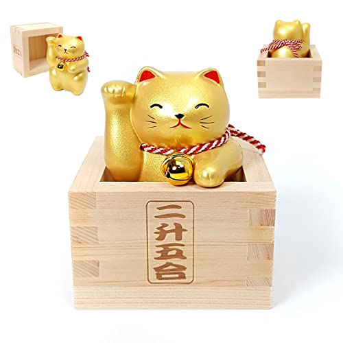 Art Saigon Maneki Neko Doré en Céramique et Socle en Bois, Chat Japonais Porte-Bonheur, Fabriqué...