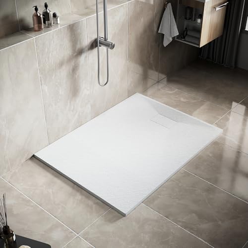 SIRHONA Receveur de Douche, 120 x 90 cm Bac à Douche Antidérapant, Rectangle Blanc, Matériau en Résine SMC, avec siphon