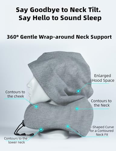 Image of Travel Neck Pillow with Extra Large Hood Rollable Airplant Hooded Neck Pillow with Memory Foam Filling and Removable, Skin-Friendly Cover with a Carrying Pouch