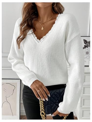 Image of GORGLITTER Women's Bow Knot Sweaters Lace Trim Long Sleeve Ribbed V Neck Sweater Pullover