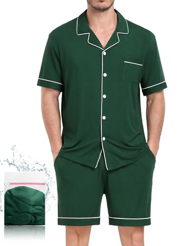 Image of Mens Pajamas Set Short Sleeve Sleepwear Button Down Loungewear Set Soft Modal 2Pcs Pj Set with Pockets S-3XL
