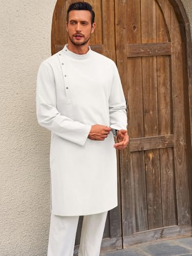 Image of Runcati Mens Kaftan Thobe Robe Long Sleeve Cotton Henley Shirt Casual Muslim Gown Salwar Kurta