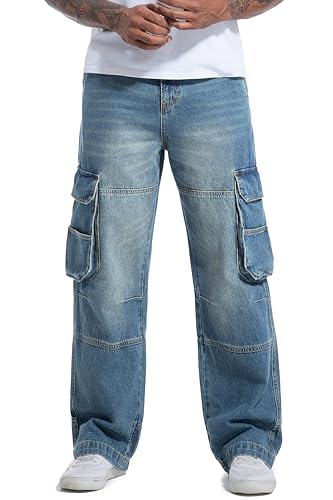 Men's Non-Stretch Loose Fit Wide-Leg Baggy Cargo Jeans Pants