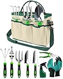 Zenmos 9 Pieces Garden Tools Set, Gardening Hand Tool with 2-in-1 Storage Bag, Gardening Kit with Non-Slip Handles, Heavy Duty Garden Tools for Women & Men - Green