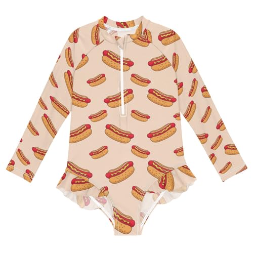 Image of One Piece Rash Guard Bathing Suit for Girls,Long Sleeve Swimsuit Quick Dry,Swimwear with Ruffle for Summer 3-12T
