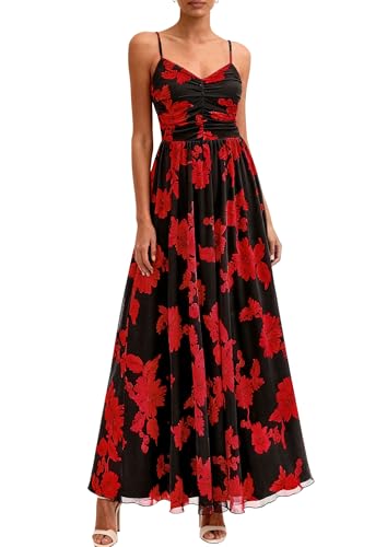 PRETTYGARDEN Women Summer Floral Maxi Dress Black Red Flower,M