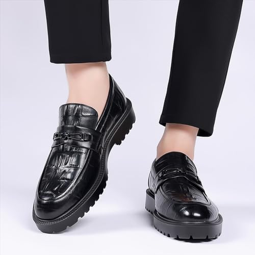 Men's Classic Leather Print Chunky Low Heel Loafers Retro Round Toe Comfortable Lightweight Lug Sole Platform Anti-Slip Low-Top Slip-Ons Business Dress Shoes for Office Party Walking Formal4