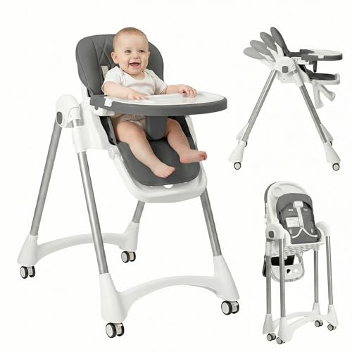 Chaise Haute Bébé, Chaise Haute Bébé Évolutive et Pliable, Hauteur Réglable Chaise Enfant, Dossier Inclinable 4 Positions, Repose-Pieds Ajustable,...