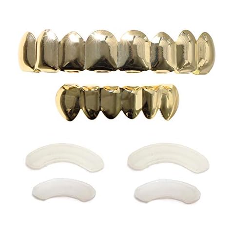 TSANLY 24K Plated Gold Grillz 8 Teeth Mouth Top & Bottom Set Hip Hop Bling Grills for Men + Extra Molding Bars + Microfiber Cloth Cover