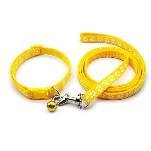 Image of YellowCult Dog /Cat Collar Leash Set with Adjustable Soft Nylon Paw Print Pet Collar for Cats, Puppies, Small Dogs, Fat Rabbits Walking Training, Bell & Quick Release Buckle Safety Lock -[Yellow]