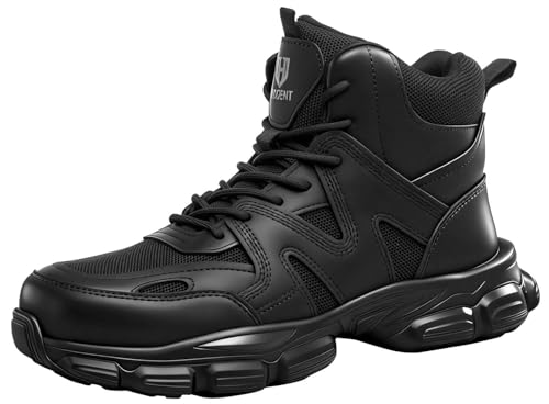 Hogent Steel Toe Boots for Men Women - Lightweight Breathable Work Boots - Shock Absorbent Puncture Proof Safety Shoes - Ideal for Construction Warehouse - Black - Men Size 6 & Women 7.5