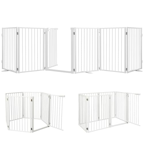 Snagle Paw Full Metal Freestanding Dog Gate with Door, 120” W x 24” H Pet Gate with Support Feet for Doorways, Stairs and Hallways, Portable Dog Fence for Indoor Use (24" 6 Panel, White) Whi
