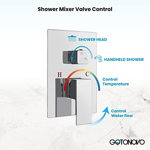 Gotonovo Shower System Chrome Polished 10 Inch Wall Mounted With Pressure Balance Rough-In Valve(Male Thread) Shower Set With Adjustment Square Shower Head Including High Pressure Handheld #TOP7