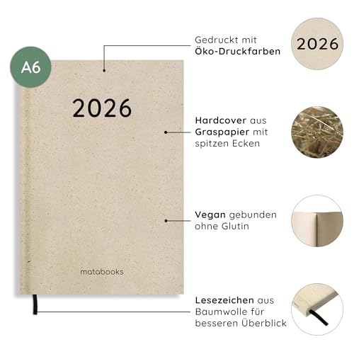 matabooks – A6 Kalender Samaya 2026 Farbe: Nature S (DE/EN): Veganer Jahresplaner aus nachhaltigem Graspapier