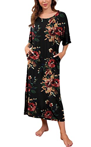 PrinStory Womens Long Nightgown Round Neck Nightshirts Short Sleeve Loose Loungewear Casual Sleep Dress With Pockets2