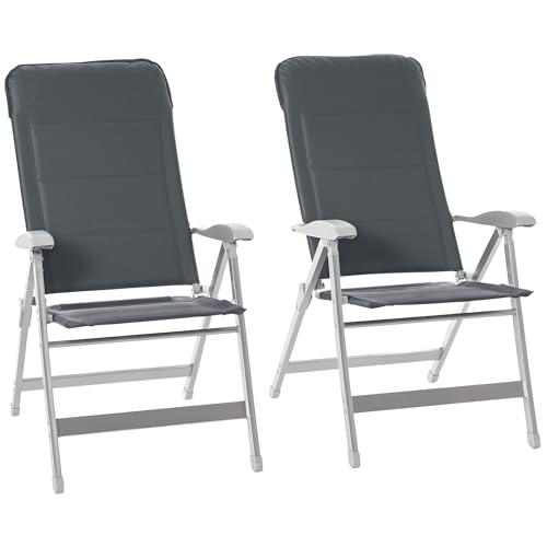 Outsunny Lot de 2 chaises de Jardin Pliantes Fauteuil d'extérieur avec Dossier Haut inclinable Multipositions accoudoirs tétière alu. Oxford déperlant Gris