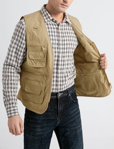 Vanchenl Herren Utility Weste Safari Reise Cargo Outdoor Arbeit Leichtes Foto Schießen Weste mit Taschen Khaki XL