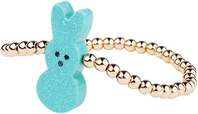 Easter Peeps-Inspired Glitter Bunny Bracelet, Gold Beaded Stretch Wristband for Women Cute Holiday Jewelry Gift