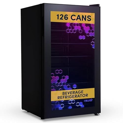 Image of NewAir 126 Can Beverage Refrigerator with HexaColor LED Lights | Small Mini Fridge for Bedroom, Gaming Room, or Office | Remote Controlled Lighting & Quiet Cooling