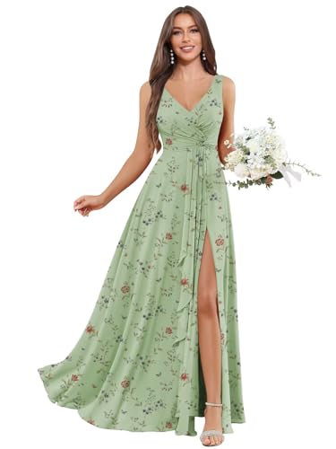 Image of BOLENSYE Bridesmaid Dresses Long Ruched Ruffles Chiffon A Line Evening Party Gown with Pockets Slit