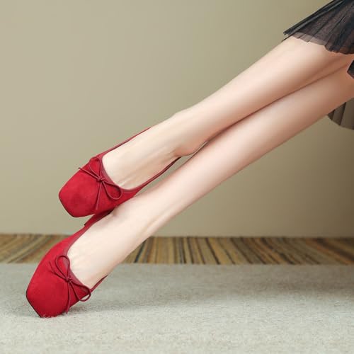 Pazzion Women's Cute Bowknots Slip On Ballet Flats Closed Square Toe Low Chunky Heel Ballerina Shoes for Daily Prom Walking Size 4-16 US4