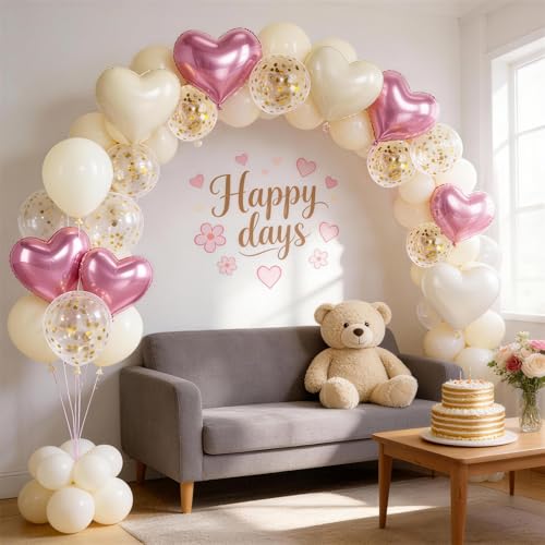 Image of Pink & Cream White Heart Balloons Party Decorations, Heart Shaped Foil and Latex Balloon Decorations Set for Girls Women Happy Birthday Party, Baby Shower, Valentines, Wedding, Engagement, Anniversary