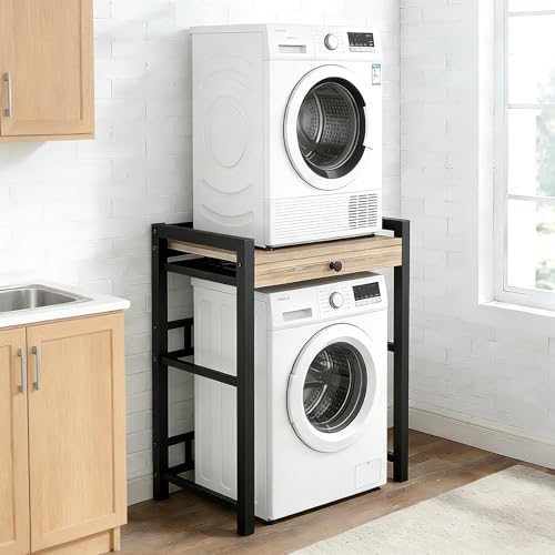 Estantería para lavadora sin taladrar, altura regulable sobre lavadora y secadora, estantería de baño de madera y metal, capacidad de carga de 300 kg (estante negro)