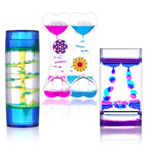 OSDUE 3PCS Reloj de Arena Líquido, Reloj de Arena con Gota de Aceite Temporizador de Sensorial Líquido Aceite de Descompresión Decoración Artesanal (Doble Forma de corazón y Forma de Columna)