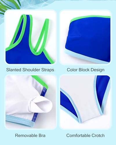 Image of Redair Girls Swimsuit Two Piece One Shoulder Bathing Suit with Chest Pad Color Block Bikini 7-16 Years