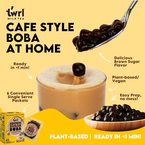 Twrl Brown Sugar Boba Bubble Tea Toppings - Taiwanese Boba Pearls, Cafe-Style Tapioca Milk Tea Topping, Instant - Perfect for Milk Teas and Coffee, Gluten-Free, Plant-Based - Pack of 12 Single Servings