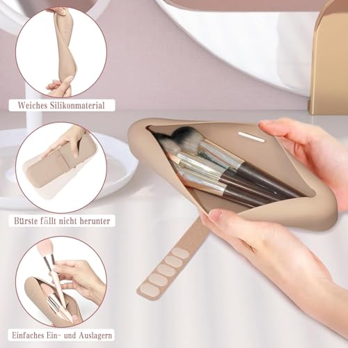 Makeup Brush Holder, Silicone Makeup Bag Makeup Sponge Holder Organizer for Travel Storage, Khaiki3