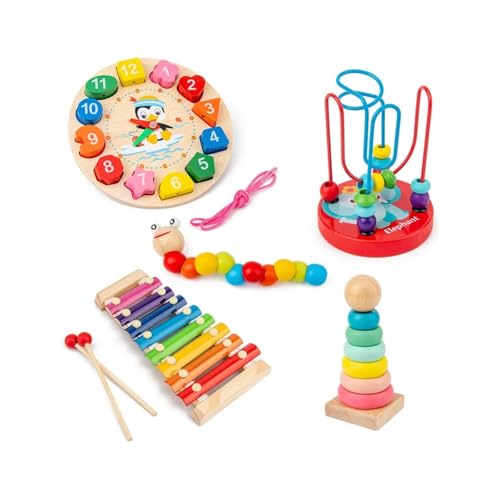 JISHOP Paquete Didáctico Infantil Estimulación Temprana 5 Piezas – Juguetes de Madera Educativos para Motricidad, Colores...