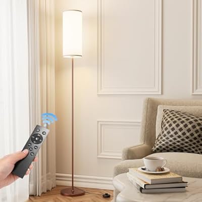 Karjoefar Floor Lamp for Living Room, Modern Standing lamp with Remote Control, Stepless Dimmable 12W Bulb & Beige Lampshade Included, Brown Pole Tall Floor Lamp for Bedroom Office
