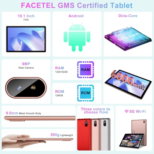Image of Tablet 10 inch Android PC Octa-Core 2.0 GHz with 12GB RAM 128GB ROM TF 2TB, 5G WiFi, GMS, FHD IPS Touchscreen, BT 5.0,1280 * 800, 5+8 MP, 2026 Lastest 2 in 1 Tablet with Keyboard and Mouse, Rose Gold