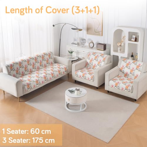 Image of HOKIPO Painterly Floral Quilted Sofa Cover 5 Seater with Tassels Set - Sofa Cover for Seat & Back | 'Tassel Twigs' Series (IN-991-T8 + IN-989-T8)