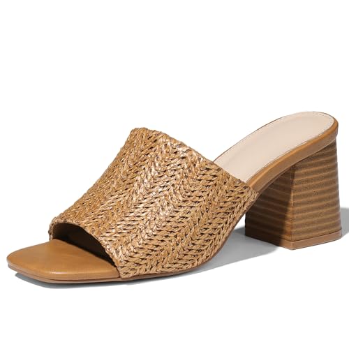 Image of Ancomafio Heeled Sandals for Women，Raffia Sandals 2026 Chunky Heels Square Toe Mules Block Summer Shoes Slip On