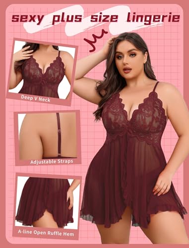 Image of Avidlove Plus Size Lingerie for Women Sexy Lingerie Dress Lace Babydoll Lingerie V-Neck Open Front Strap Nightdress